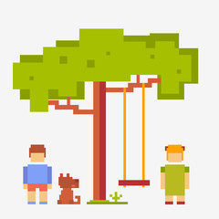 Obraz premium pixel people girl and boy with a dog on the street