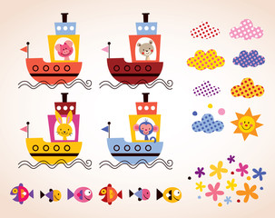 Obraz premium cute animals in boats kids design elements set