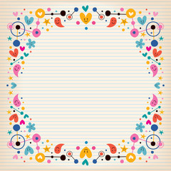 Hearts, dots, flowers and stars funky note paper frame border