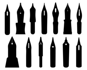 Silhouettes and shadows of old ink pen nibs, vector