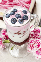 Yogurt dessert with summer fruits: strawberries, raspberries