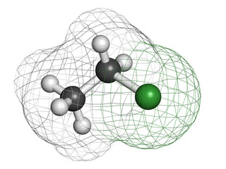 Chloroethane (ethylchloride) molecule.