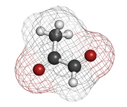 Methylglyoxal (pyruvaldehyde) molecule. Produced by glycolysis;