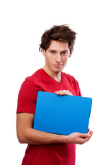 Man in red t-shirt holding board for your text