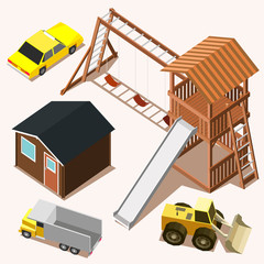 isometric set. house, vehicle, truck