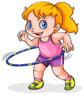 A young Caucasian girl playing with a hulahoop
