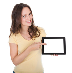 Smiling Woman Holding Digital Tablet