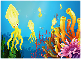 Fototapeta na wymiar Yellow squids near the coral reefs