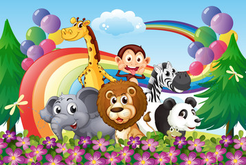 Obraz na płótnie Canvas A group of animals at the hilltop with a rainbow and balloons