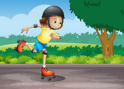 A young girl rollerskating at the street