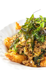 Fish fried foods spicy with basil