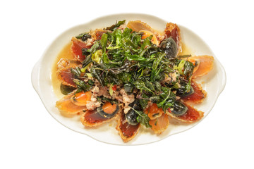 Thai food Thai spicy food,preserved egg fried with basil isolate