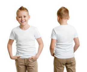 handsome kid boy model in white t-shirt or tshirt back and front
