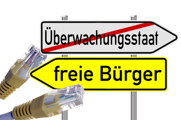 Internetkabel mit Wegweiser Überwachungsstaat / freie Bürger