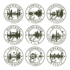 Grunge rubber stamps with Abu Dhabi, Sydney, Singapore, Bangkok,