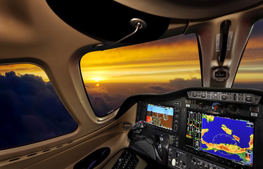 Cockpit at sunset - obrazy, fototapety, plakaty