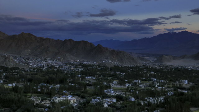 Leh city Ladakh sunset as seen from Shanti Stupa time lapse
