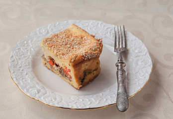 Portion of English cheese and mustard souffle stuffed