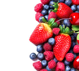 Berries border isolated on White. Spring Organic Berry