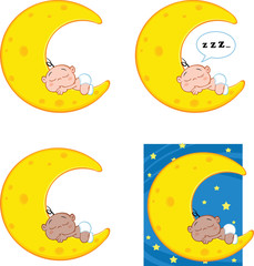 Baby Sleeping on A Moon Cartoon Characters. Collection Set
