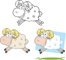 Ram Sheep Cartoon Characters Jumping.Collection Set