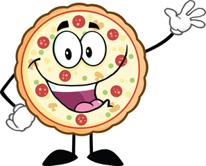Funny Pizza Cartoon Mascot Character Waving