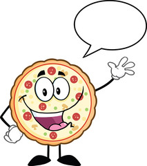 Funny Pizza Cartoon Mascot Character Waving With Speech Bubble