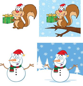 Christmas Squirrel and Snowman Characters. Collection Set