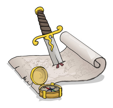 Treasure map, dagger and compass