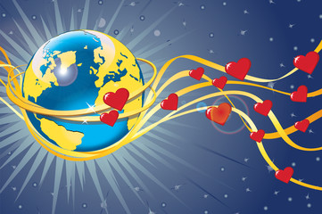 Fototapeta premium Planet Earth in wedding rings and hearts.View from space