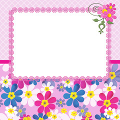 Floral frame with flowers and lace on pink