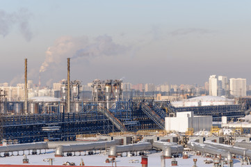 Oil refinery in the city of Moscow in winter