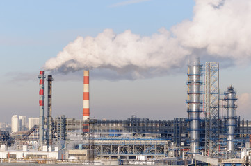 Oil refinery in the city of Moscow in winter