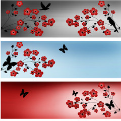 Summer set banners with red flowers and butterflies
