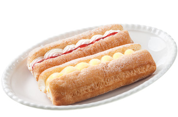 Cakes filled with custard jam and whipped cream.