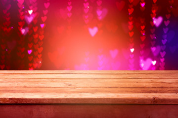 Valentine's day background with empty wooden table