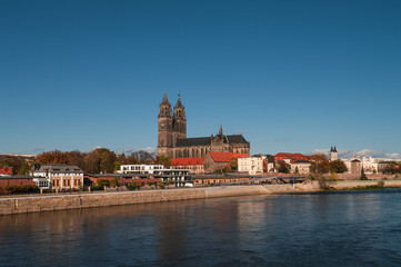 Cathedral of Magdeburg at river Elbe, Germany, Autumn 2013