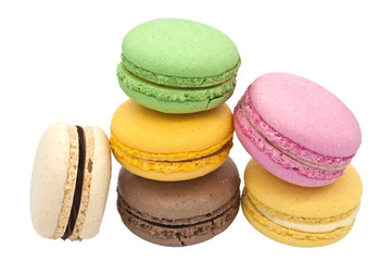 Multicoloured macaroons isolated on white.