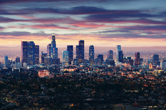 City Of Los Angeles California At Sunset With Light Trails