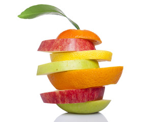 Fototapeta na wymiar Stack of sliced fresh fruit, isolated on white background