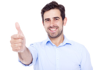 Fototapeta premium Handsome latin man thumbs up over a white background