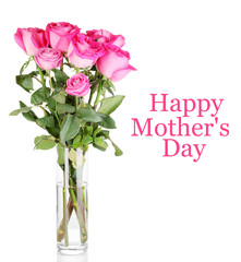 Beautiful pink roses in vase isolated on white