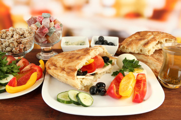 Traditional Turkish breakfast on table on bright background