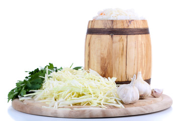 Marinated cabbage (sauerkraut), in wooden barrel, isolated