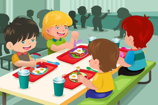 Elementary students eating  lunch in cafeteria