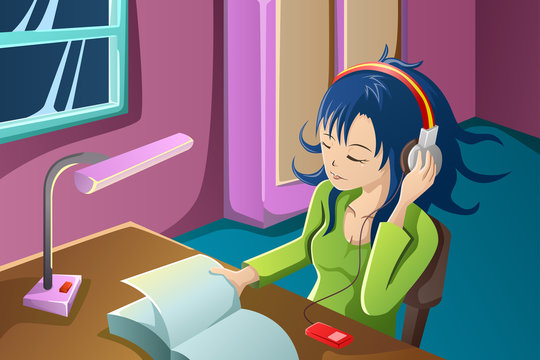 Girl reading a book while listening to music