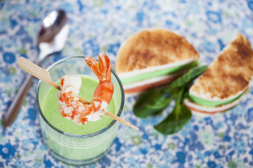 Pea capuccino soup  with shrimp