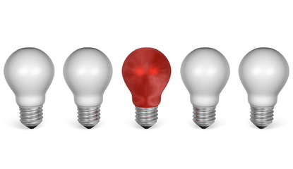 One red light bulb in row of white ones. Front view