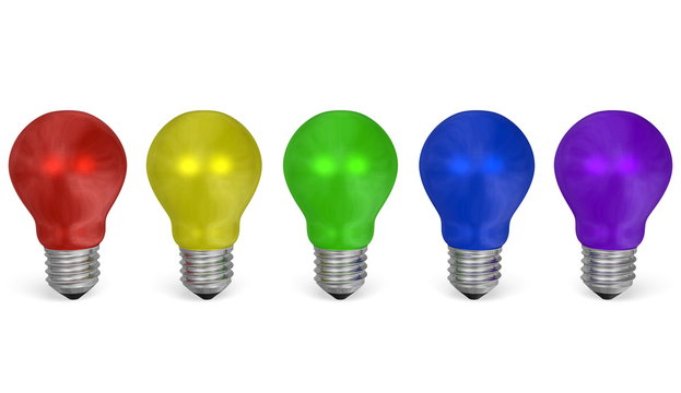 Row of light bulbs of different colors. Front view