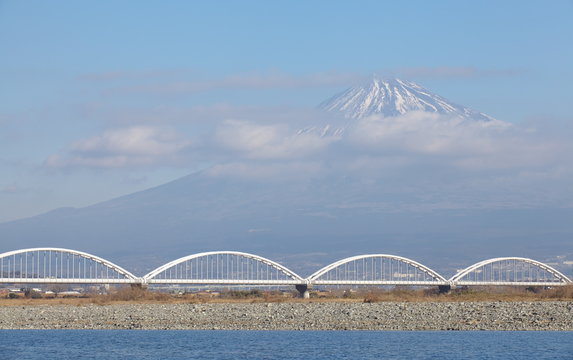 mountain fuji and Fuji river in winter